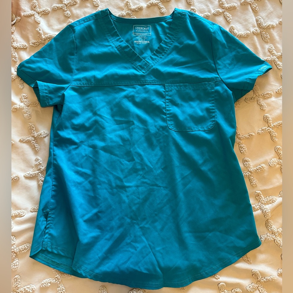 Cherokee authen workwear teal blue scrubs top size small